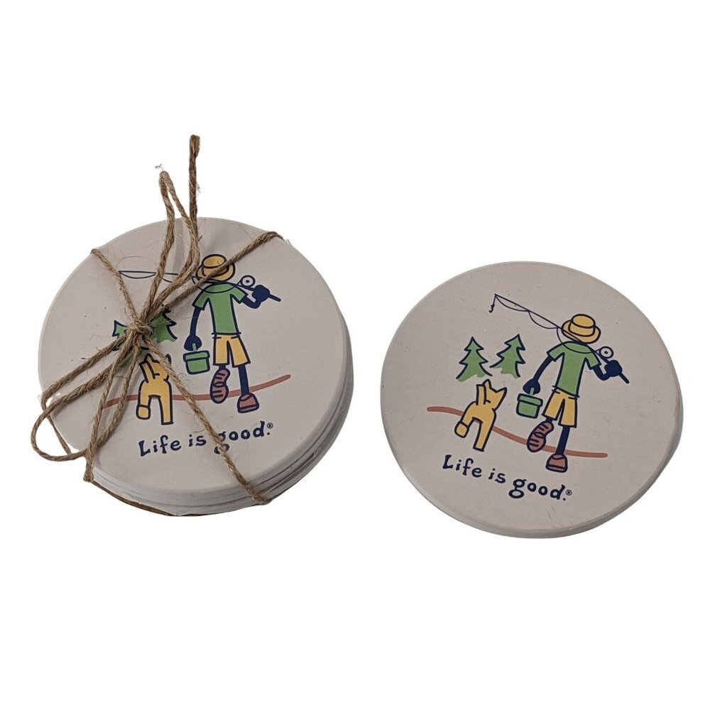 Life Is Good Coasters Fishing Dog Jake Dad Gift Absorbent Stone Set of 4 New